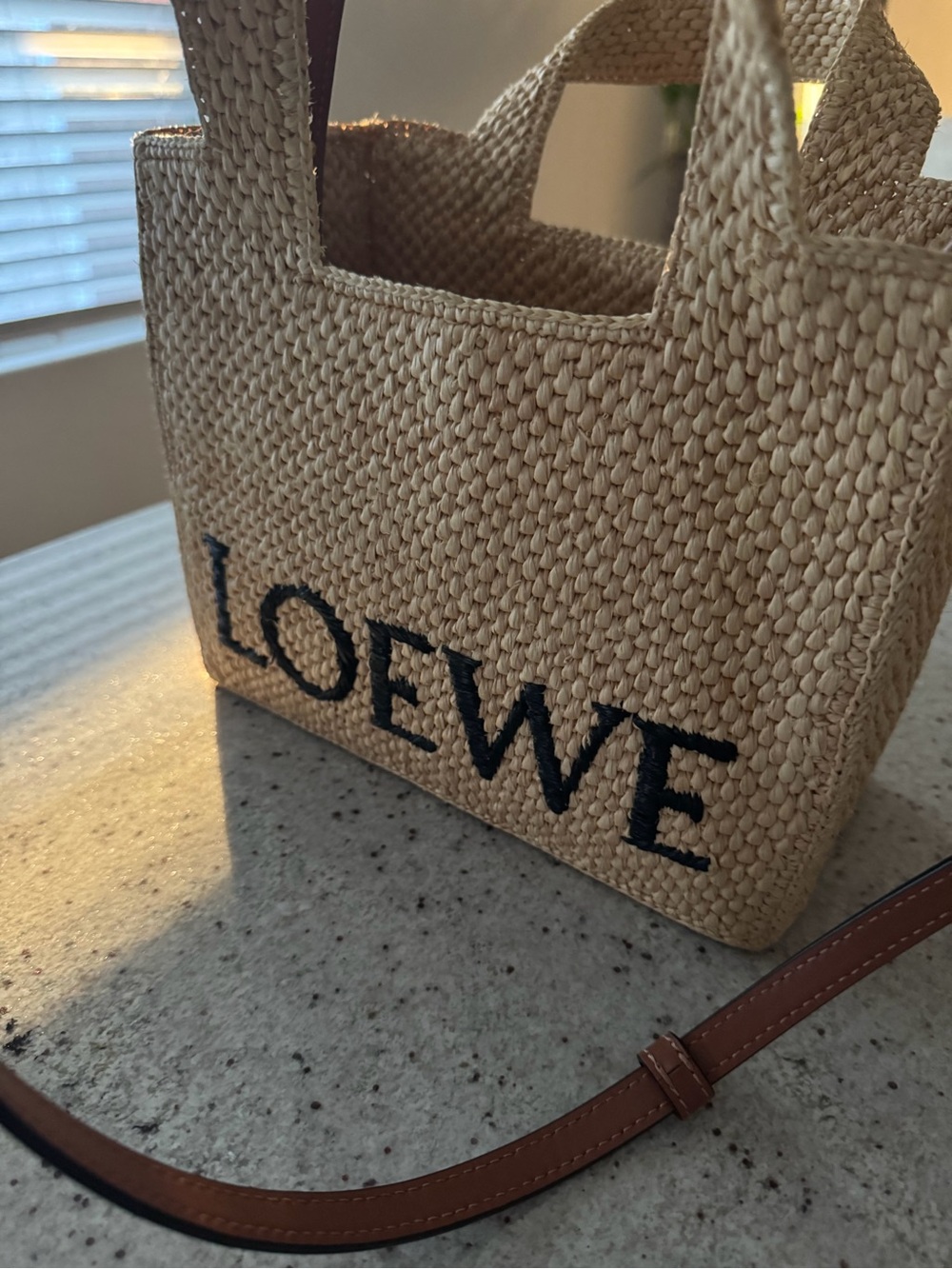 Loewe Natural Straw Tote with Black Logo and Brown Strap - Picture 2 of 4